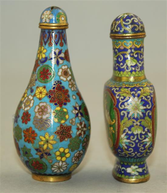 Two Chinese cloisonne enamel snuff bottles and stoppers, 1880-1940, Richards no.s 173 and 385